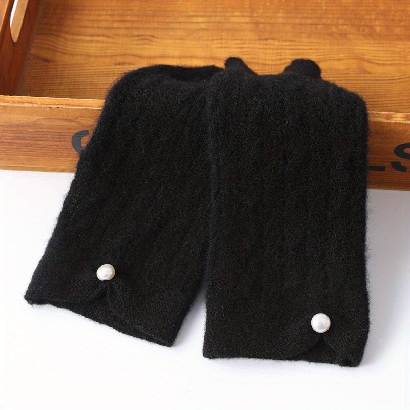 Velvet Wool Knitted Gloves Elegant Ribbed Fingerless Mitten Faux Pearl Decor Knit Gloves Solid Color Elastic Warm Gloves For Women