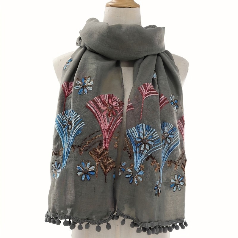 National Style Embroidered Scarf Retro Fur Ball Tassel Shawl Thin Breathable Sunscreen Wrap Causal Inelastic Outdoor Scarf For Women