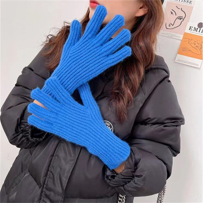 Solid Color Knitted Woolen Gloves Women Winter Cycling Thick Warm Gloves Couple Gift