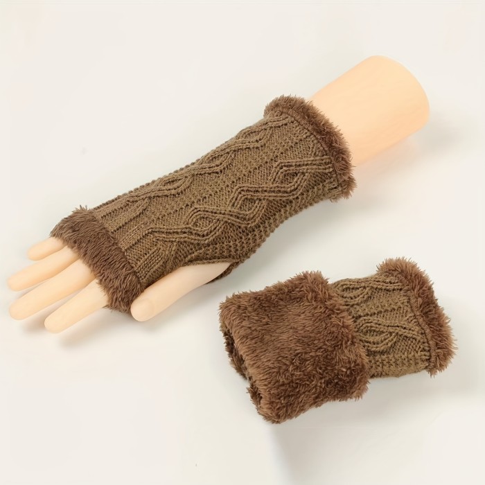 Velvet Lined Twist Knit Gloves Thickened Warm Fingerless Gloves  Autumn Winter Coldproof Riding Gloves