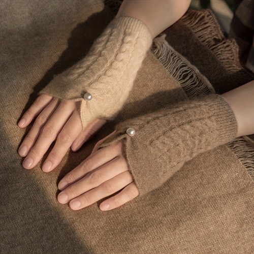 Velvet Wool Knitted Gloves Elegant Ribbed Fingerless Mitten Faux Pearl Decor Knit Gloves Solid Color Elastic Warm Gloves For Women