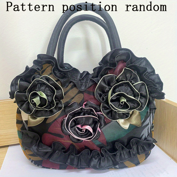 Floral Decor Zipper Handbag, Fashion Double Handle Purse, Casual Flower Design Tote Bag For Shopping & Travel