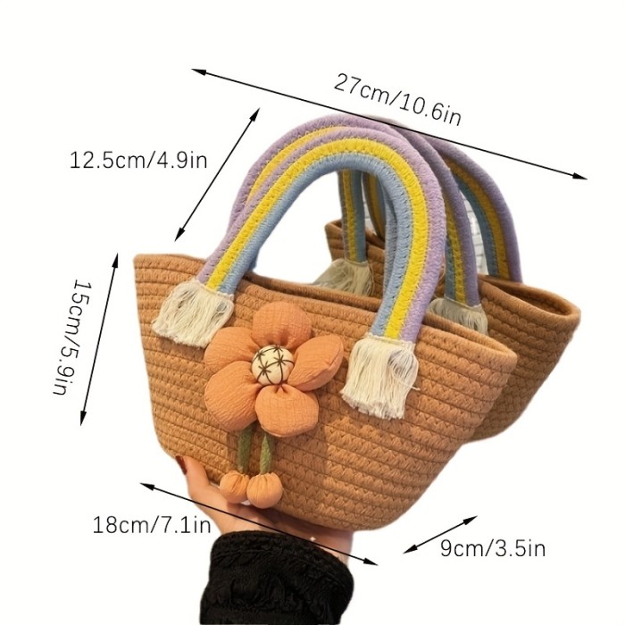 1pcs Rainbow Braided Bag, Cute Flower Decor Handbag, Tassel Decor Summer Beach Bag