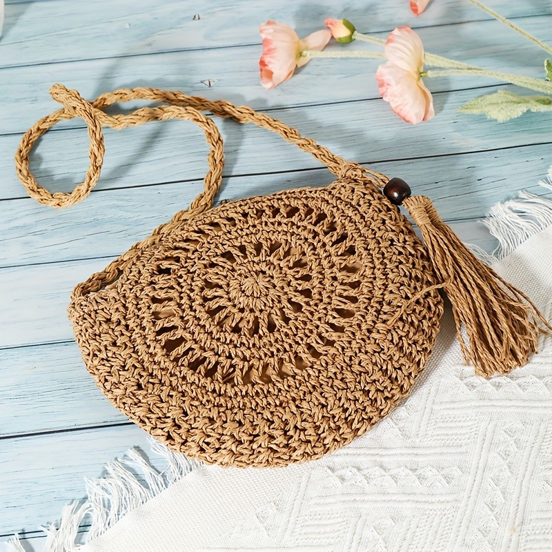 Stylish Woven Round Crossbody Bag, Solid Color Zipper Shoulder Bag, Perfect Sling Bag For Travel