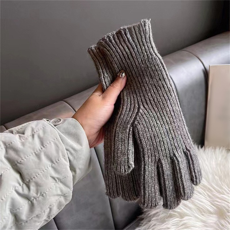 Solid Color Knitted Woolen Gloves Women Winter Cycling Thick Warm Gloves Couple Gift