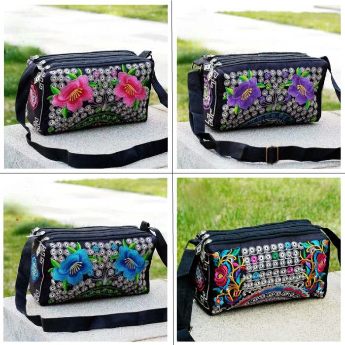 Double-sided Embroidery Crossbody Bag, Women's Three-Zip Shoulder Bag
