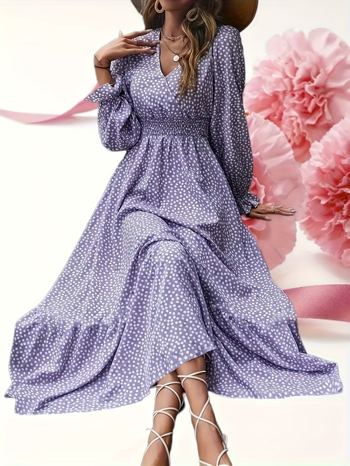 Plus Size Elegant Dress, Women's Plus Polka Dot Print Long Sleeve Surplice Neck Shirred Waist Pleated Dress