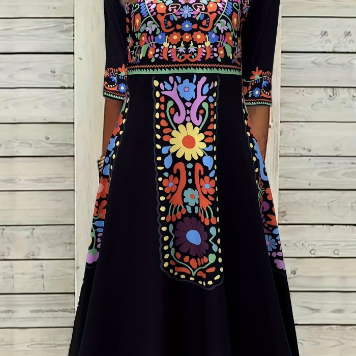 Ethnic Floral Print Dress, Elegant Notched Neck Half Sleeve Dress, Women's Clothing