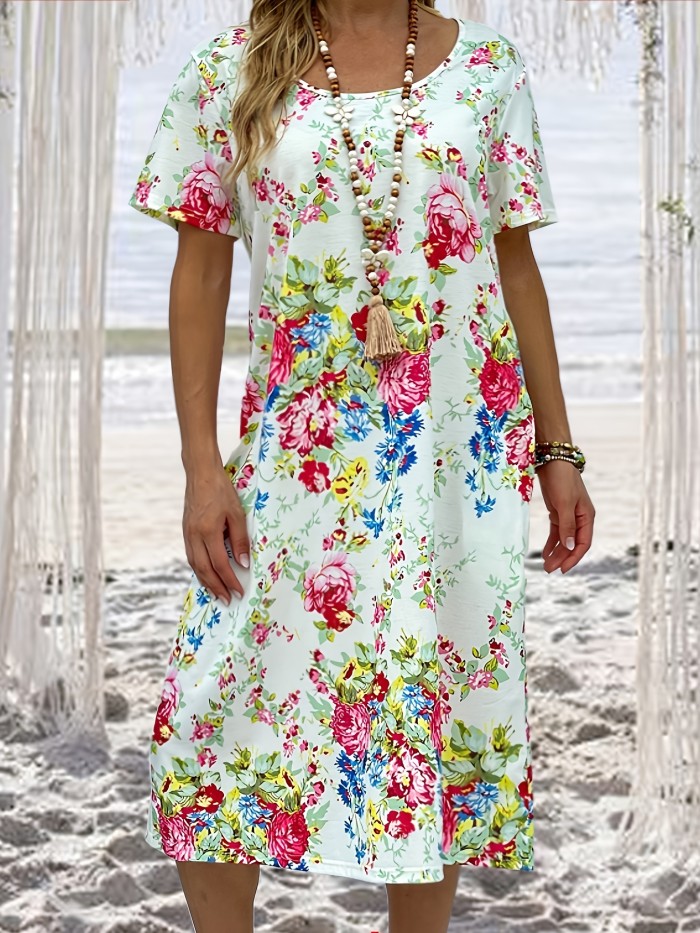 Plus Size Casual Dress, Women's Plus Floral Print Short Sleeve Round Neck Dress With Pockets