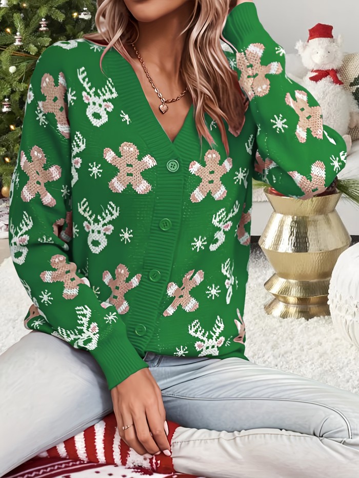 Christmas Pattern Button Down Knit Cardigan, Elegant V Neck Long Sleeve Sweater, Women's Clothing