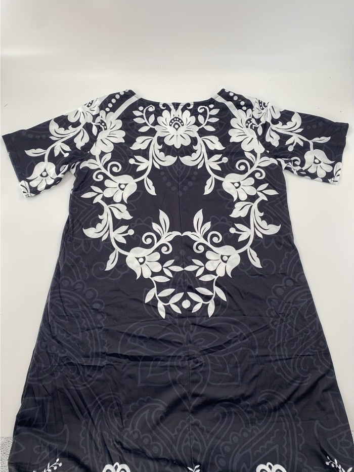 Plus Size Elegant Dress, Women's Plus Floral Print V Neck Short Sleeve Maxi Dress