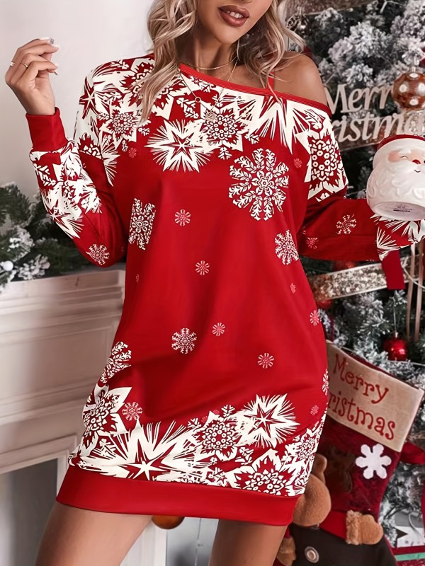Christmas Snowflake Print Dress, Casual Long Sleeve Cold Shoulder Dress, Women's Clothing