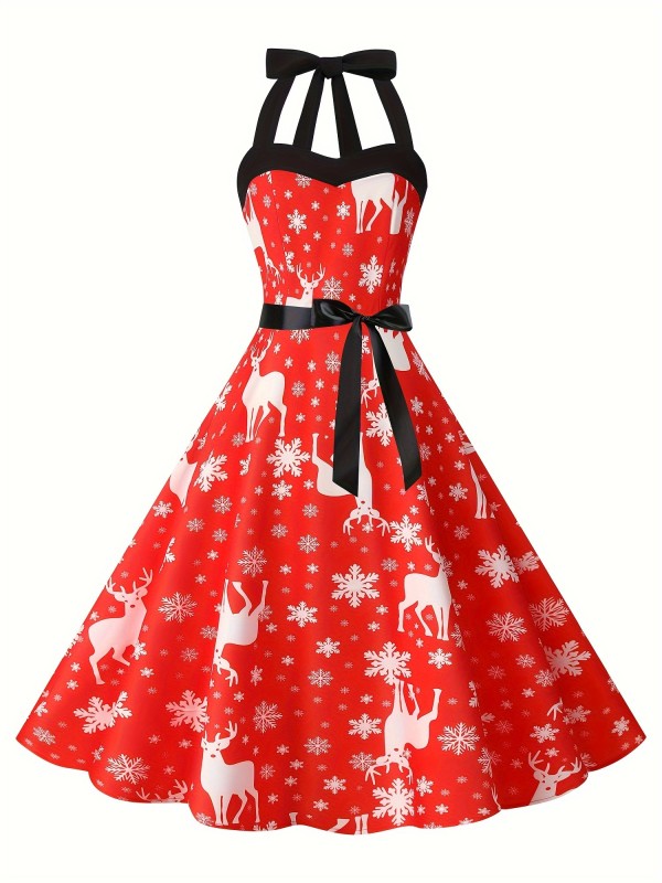 Deer & Snowflake Print Halter Neck Dress, Christmas Vintage Backless Shirred A-line Flare Dress, Women's Clothing