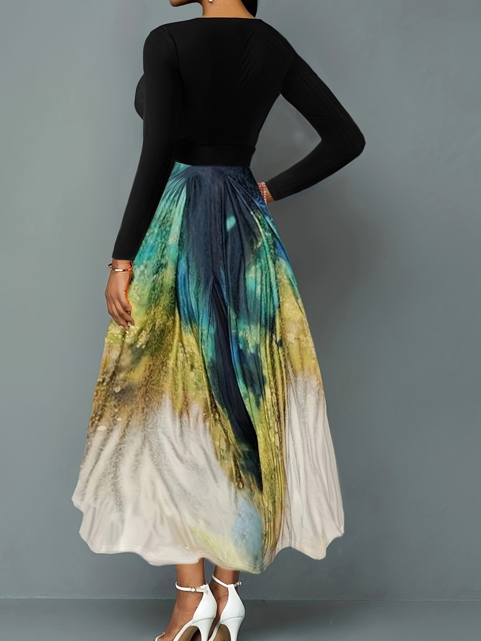 Plus Size Elegant Dress, Women's Plus Colorblock Ombre Long Sleeve Tie Front V Neck Flowy Maxi Dress