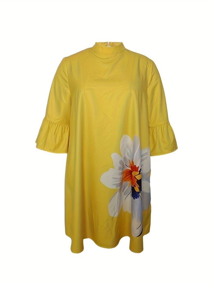 Plus Size Elegant Dress, Women's Plus Floral Print Half Sleeve Ruffle Trim Mock Neck Flowy Dress