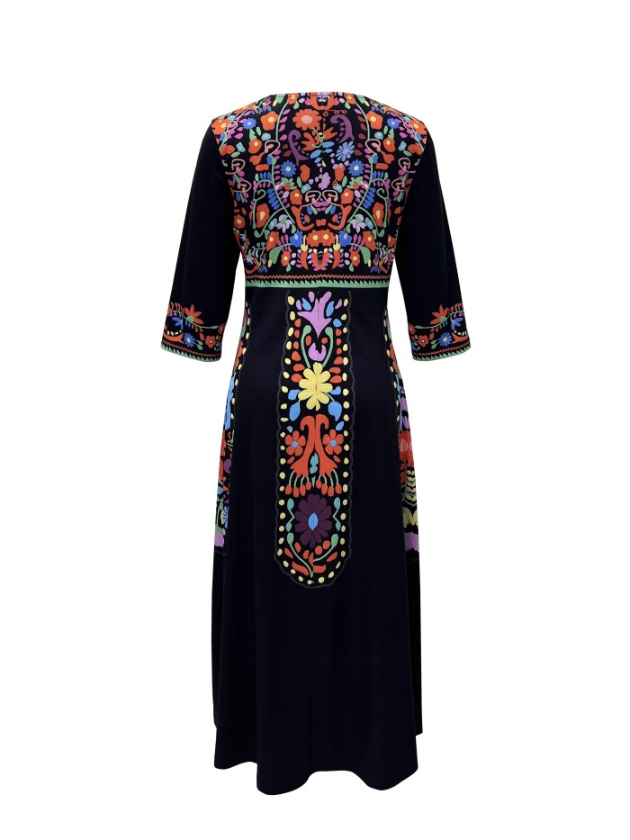 Ethnic Floral Print Dress, Elegant Notched Neck Half Sleeve Dress, Women's Clothing