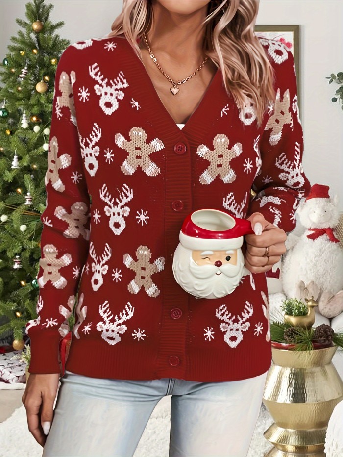 Christmas Pattern Button Down Knit Cardigan, Elegant V Neck Long Sleeve Sweater, Women's Clothing