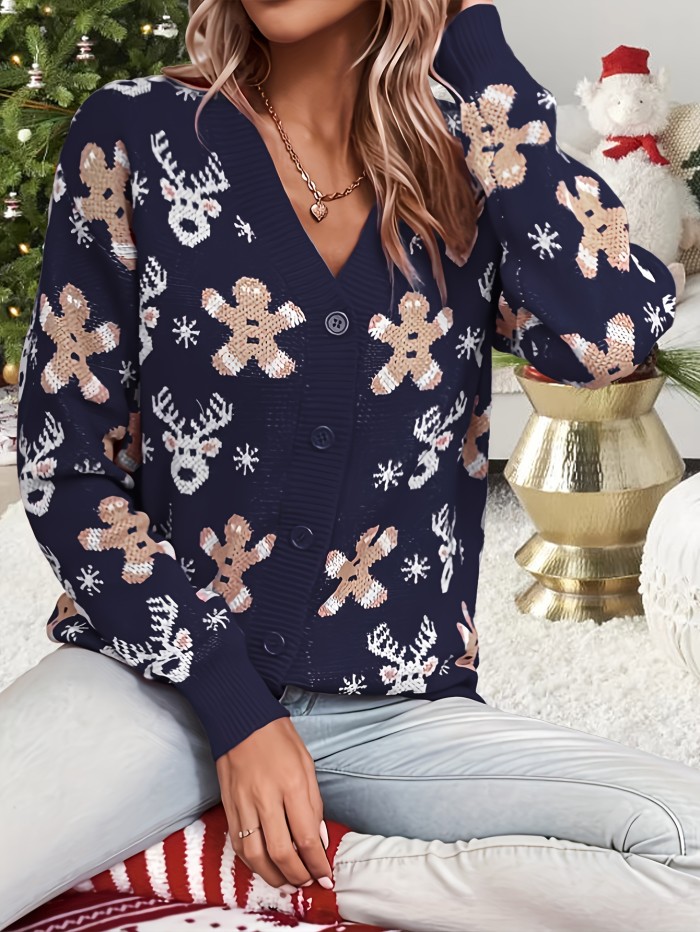 Christmas Pattern Button Down Knit Cardigan, Elegant V Neck Long Sleeve Sweater, Women's Clothing