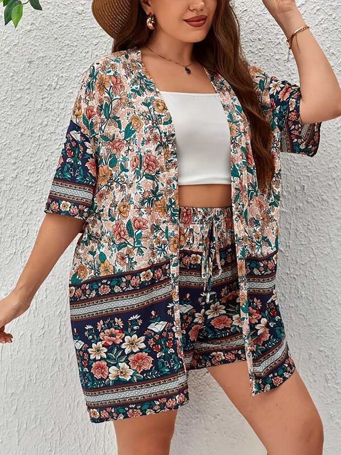 Plus Size Boho Outfits Two Piece Set, Women's Plus Floral Print Short Sleeve Open Front Cover Up & Drawstring Shorts Outfits 2 Piece Set