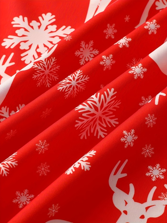 Deer & Snowflake Print Halter Neck Dress, Christmas Vintage Backless Shirred A-line Flare Dress, Women's Clothing
