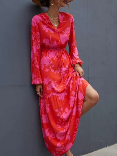 Plus Size Elegant Dress, Women's Plus Floral Print Lantern Sleeve Drawstring Waist Maxi Henley Dress