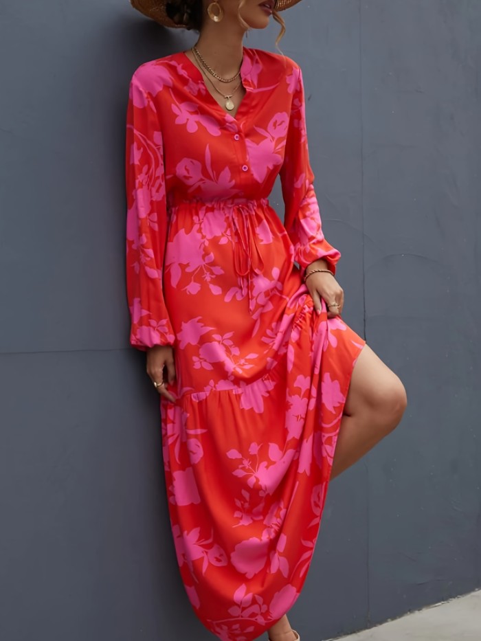 Plus Size Elegant Dress, Women's Plus Floral Print Lantern Sleeve Drawstring Waist Maxi Henley Dress