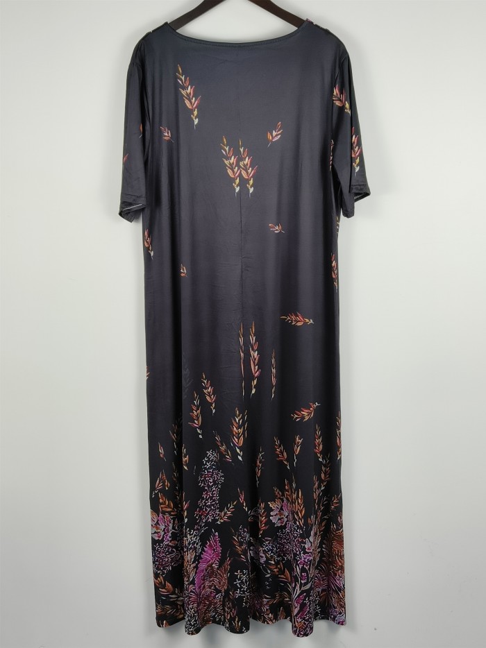 Plus Size Casual Dress, Women's Plus Floral Print Short Sleeve V Neck Slight Stretch Maxi Dress