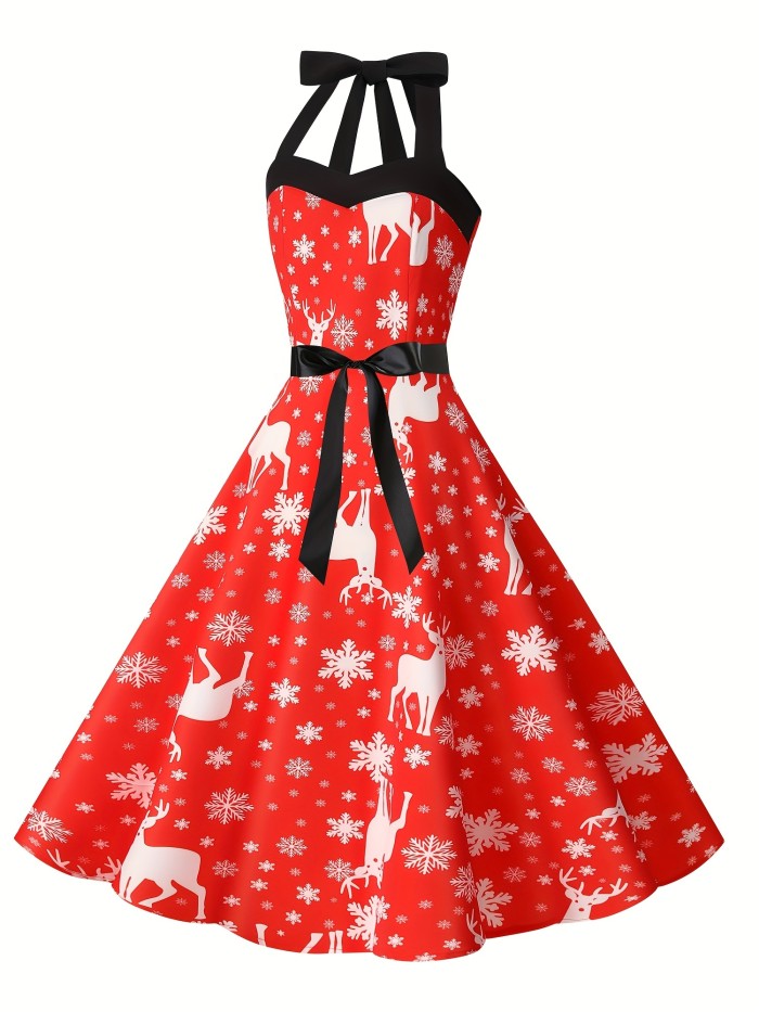 Deer & Snowflake Print Halter Neck Dress, Christmas Vintage Backless Shirred A-line Flare Dress, Women's Clothing