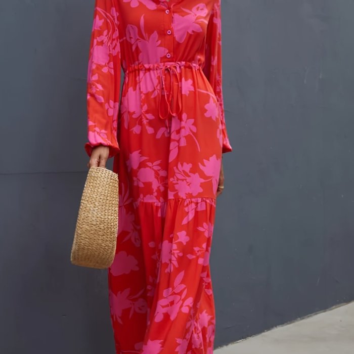 Plus Size Elegant Dress, Women's Plus Floral Print Lantern Sleeve Drawstring Waist Maxi Henley Dress
