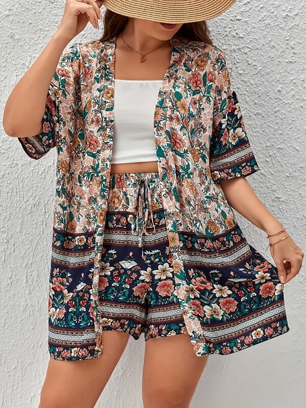 Plus Size Boho Outfits Two Piece Set, Women's Plus Floral Print Short Sleeve Open Front Cover Up & Drawstring Shorts Outfits 2 Piece Set