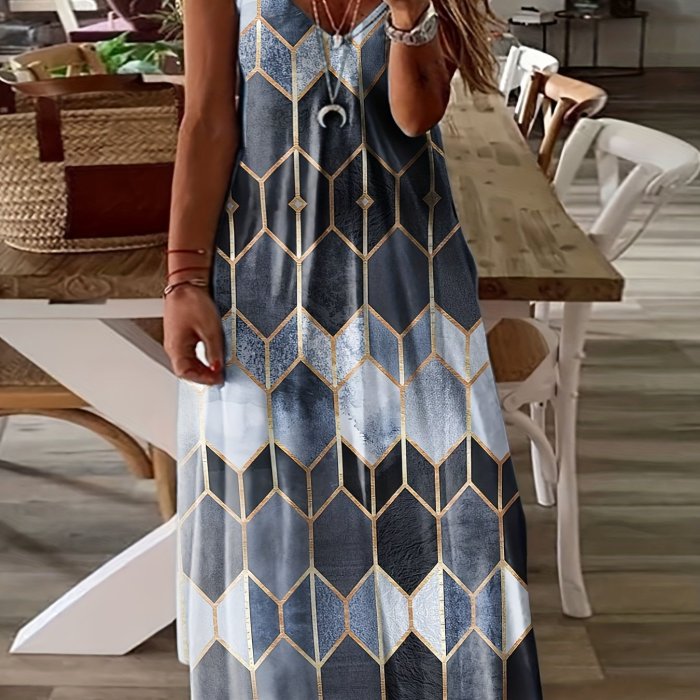 Plus Size Geometric Print Cami Maxi Dress, Women's Plus Spaghetti Strap V Neck Casual Long Dress