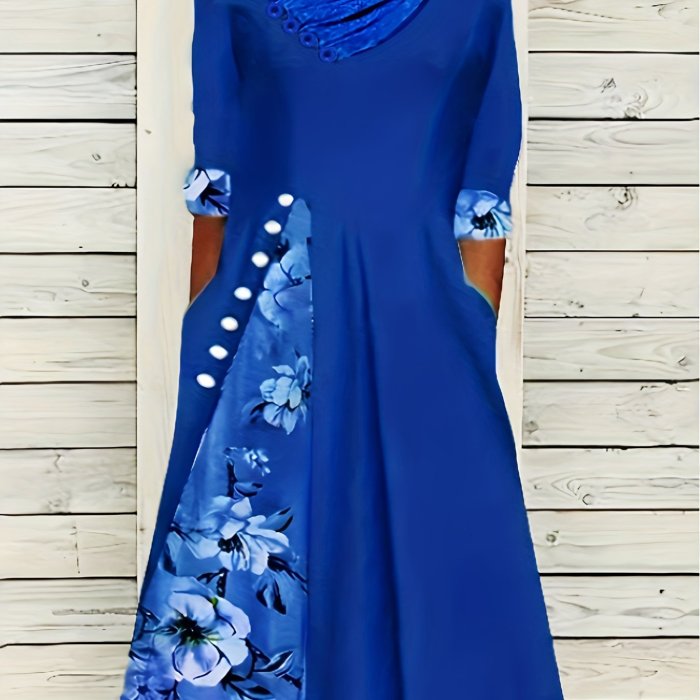 Plus Size Casual Dress, Women's Plus Colorblock Floral Print Button Decor Half Sleeve Surplice Neck High Stretch Dress With Pockets