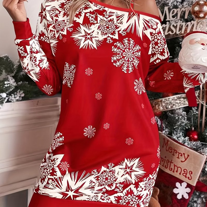 Christmas Snowflake Print Dress, Casual Long Sleeve Cold Shoulder Dress, Women's Clothing