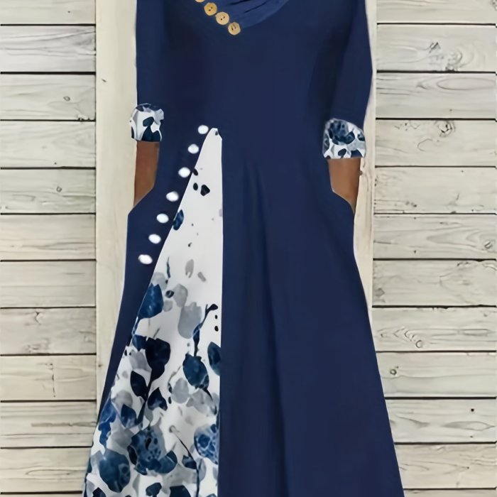 Plus Size Casual Dress, Women's Plus Colorblock Floral Print Button Decor Half Sleeve Surplice Neck High Stretch Dress With Pockets