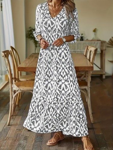 Plus Size Boho Dress, Women's Plus Ikat Print Puff Sleeve V Neck Slight Stretch Maxi Dress