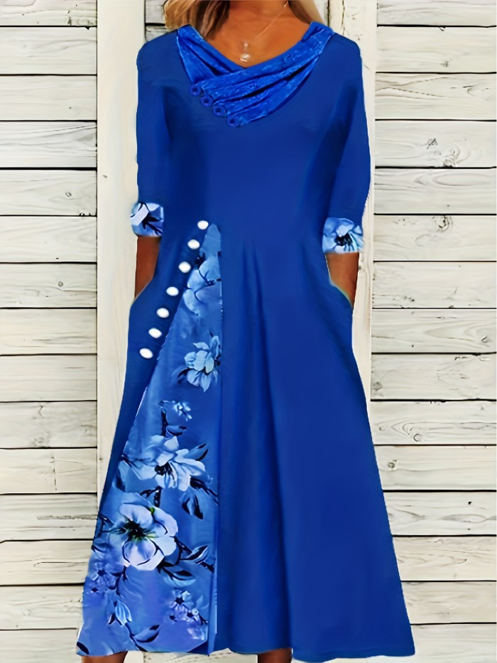 Plus Size Casual Dress, Women's Plus Colorblock Floral Print Button Decor Half Sleeve Surplice Neck High Stretch Dress With Pockets