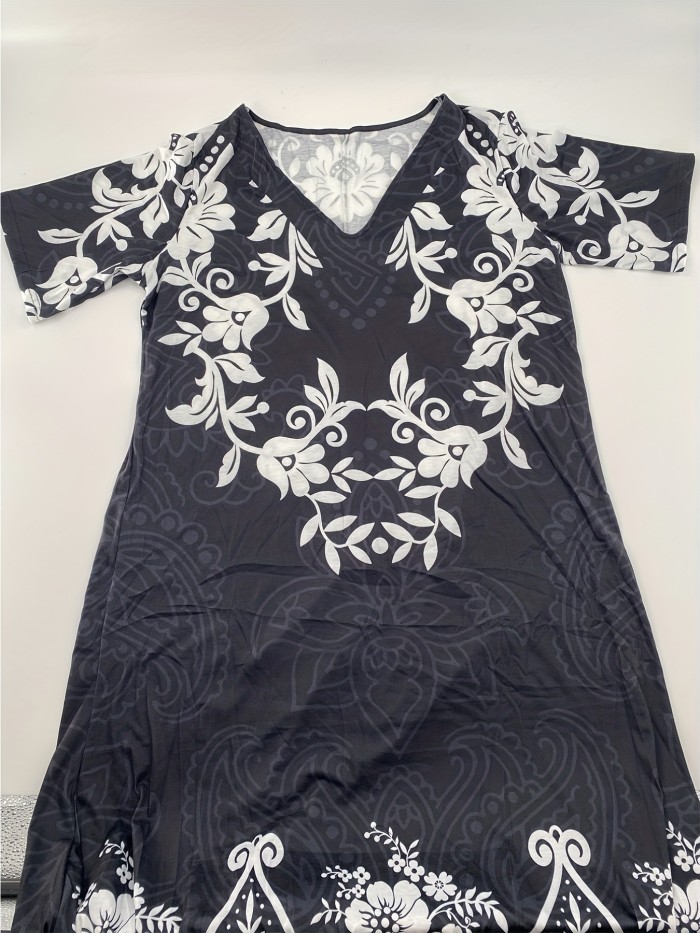 Plus Size Elegant Dress, Women's Plus Floral Print V Neck Short Sleeve Maxi Dress