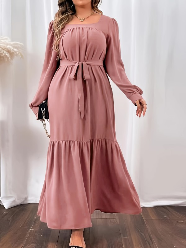 Plus Size Long Sleeve Solid Square Neck Maxi Dress, Women's Plus Elegant Long Dress