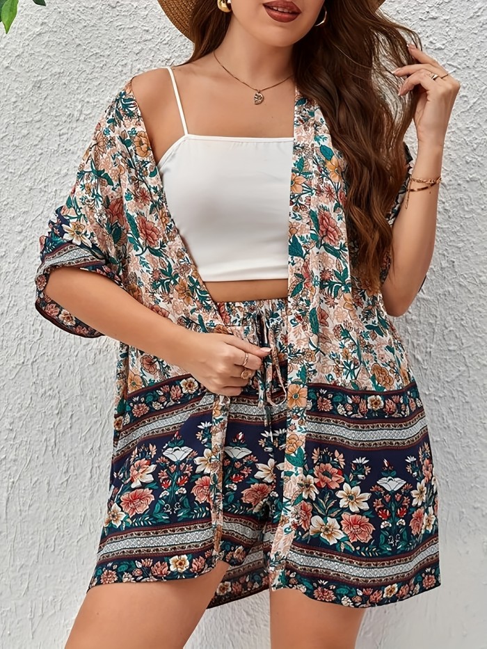 Plus Size Boho Outfits Two Piece Set, Women's Plus Floral Print Short Sleeve Open Front Cover Up & Drawstring Shorts Outfits 2 Piece Set