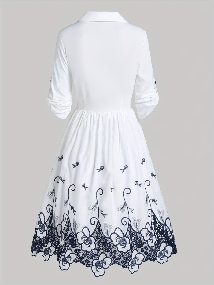 Plus Size Elegant Dress, Women's Plus Floral Print Roll Up Sleeve Turn Down Collar Shirt Dress