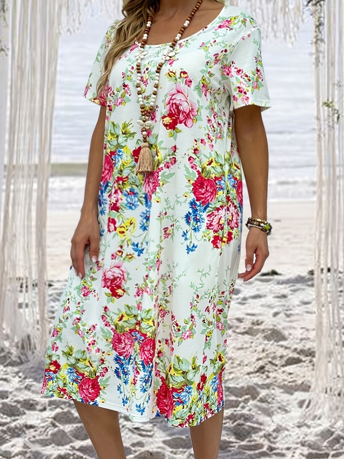 Plus Size Casual Dress, Women's Plus Floral Print Short Sleeve Round Neck Dress With Pockets