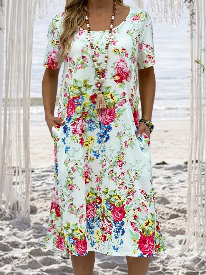 Plus Size Casual Dress, Women's Plus Floral Print Short Sleeve Round Neck Dress With Pockets