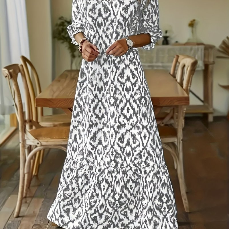 Plus Size Boho Dress, Women's Plus Ikat Print Puff Sleeve V Neck Slight Stretch Maxi Dress