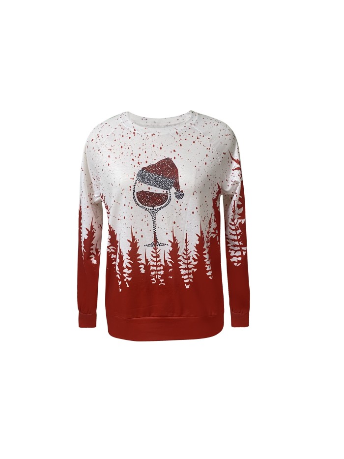 Christmas Wine Glass Print Sweatshirt, Casual Long Sleeve Crew Neck Sweatshirt For Fall & Winter, Women's Clothing