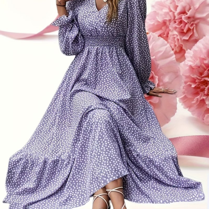 Plus Size Elegant Dress, Women's Plus Polka Dot Print Long Sleeve Surplice Neck Shirred Waist Pleated Dress