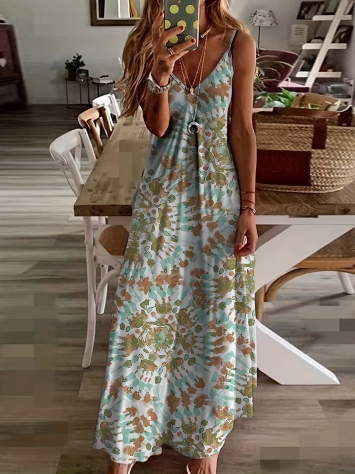 Plus Size Geometric Print Cami Maxi Dress, Women's Plus Spaghetti Strap V Neck Casual Long Dress