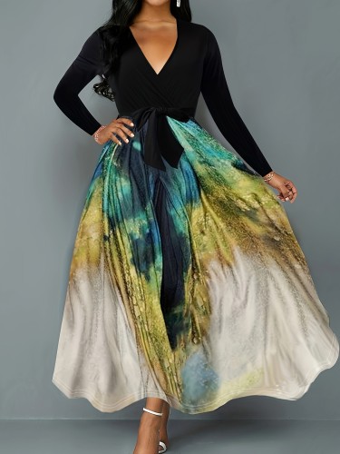 Plus Size Elegant Dress, Women's Plus Colorblock Ombre Long Sleeve Tie Front V Neck Flowy Maxi Dress