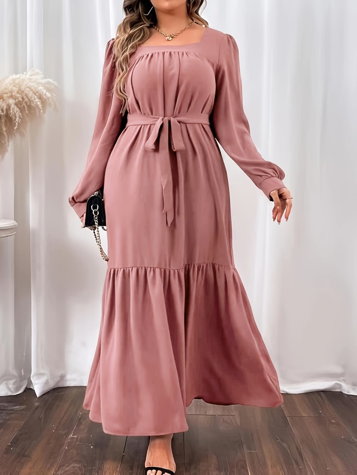 Plus Size Long Sleeve Solid Square Neck Maxi Dress, Women's Plus Elegant Long Dress