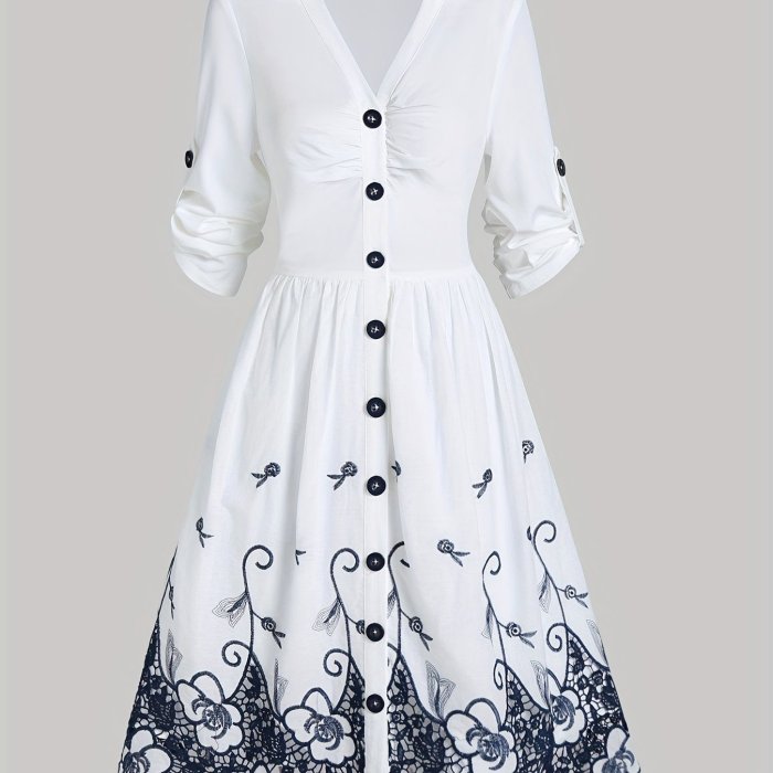 Plus Size Elegant Dress, Women's Plus Floral Print Roll Up Sleeve Turn Down Collar Shirt Dress