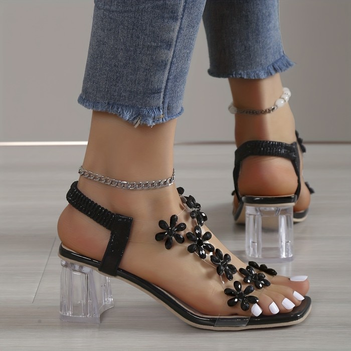 Women's Flower Rhinestone Block Heel Sandals, Fashion Square Open Toe Elastic Strap Slip On High Heels, Versatile Sandals